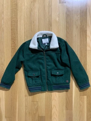 Janie and Jack Boys Size 5-6 Green Wool Blend Jacket Bomber Fax Fur Neck - Image 1 of 4