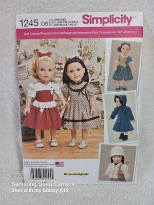2014 SIMPLICITY # 1245 dolly duds18" DOLL PATTERNS DRESS/COAT&HAT/PURSE - Image 1 of 3