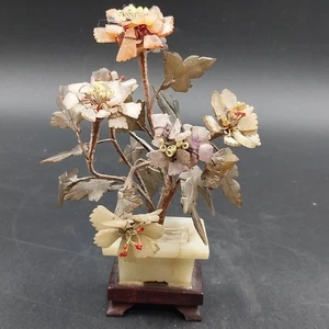 Chinese Jade & Hardstone Bonsai Tree Sculpture 6.5" Faux Marble & Wood Base Vtg - Picture 1 of 6