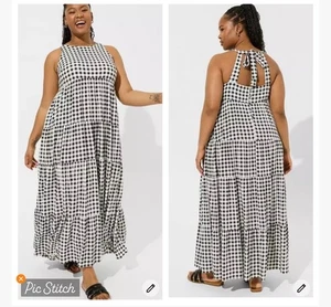Torrid Maxi Neckholder Stufenkleid schwarz weiß Gingham Größe Torrid0/12/L Neu mit Etikett - Bild 1 von 11