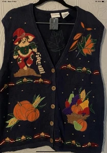 Vintage Bobbie Brooks Knit Pumpkin Patch Scarecrow Fall Sweater Vest Size XL - Picture 1 of 7