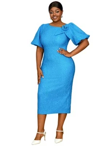 AOMEI Women's Floral Jacquard Bodycon Dress Puff Sleeve Cocktail Party Dresses - Picture 1 of 15