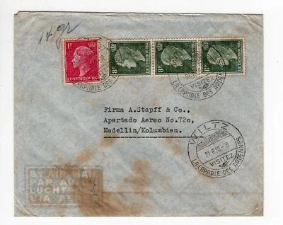 LUXEMBOURG TO COLOMBIA, AIR MAIL COVER, 1952, WILTE CANCEL, RARE DESTINATION, VF - Image 1 of 2