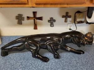 Vintage Ceramic Black Panther Cat Cougar Statue Sculpture LARGE 33" Red eyes - Picture 1 of 12