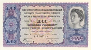 Switzerland 1000 Francs 4th series; reserve banknote 1950 (Reproduktion) - Zdjęcie 1 z 2