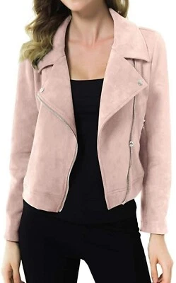 CLASSIC New Women's Pink Suede Leather Jacket 100% Soft SheepskinMotoBikerJacket - Image 1 of 4