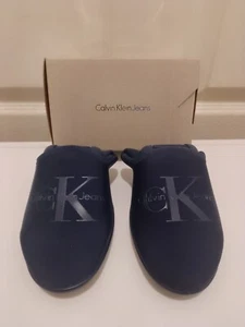 CALVIN KLEIN JEANS SLIPPERS WOMENS SMALL (37) STEEL BLUE WHITE BRAND NEW IN BOX - Picture 1 of 7