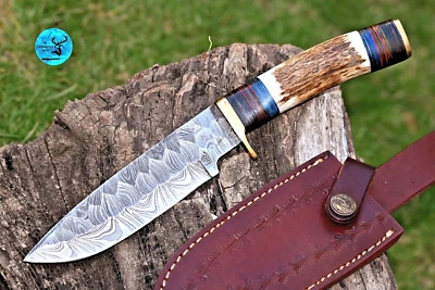 CUSTOM HANDMADE DAMASCUS STEEL HUNTING KNIFE ANTLER DEER STAG HANDLE 2793 - Image 1 of 4
