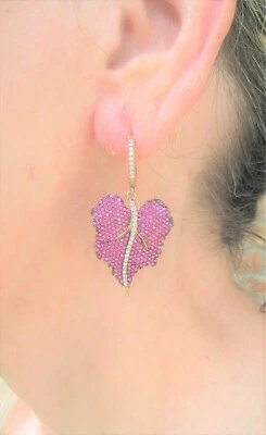 LEAF EARRINGS LAB RUBY & WHITE TOPAZ  - ROSE GOLD-plated 925 STERLING SILVER - Image 1 of 4