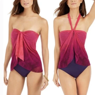 LAUREN By LRL Ombre Palm Flyaway StraplessWomen's One Piece Swimsuit Petite Pink - Image 1 of 4