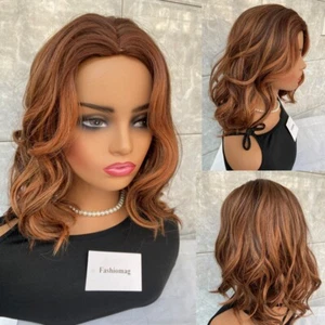 Shoulder Length Middle Part Light Auburn Mix Human Hair Blend Heat Ok Wigs WOmen - Picture 1 of 15