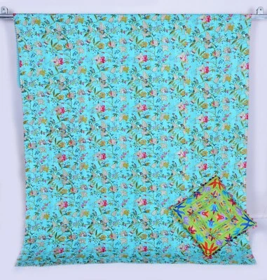 Indian Floral Twin Kantha Handmade Quilt Cotton Bed Cover Throw - Image 1 of 4