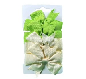 Green & Yellow Hair Bow Clips Grosgrain Ribbon Toddler Girl Hair Barrette Set - Picture 1 of 3
