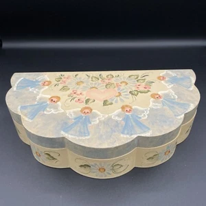 Vintage Hand-painted Scalloped Hinged WoodBox with Angel and Daisy Design - Picture 1 of 8