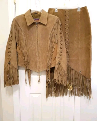 Cripple Creek Princess 2pc SET 100% Leather Jacket Skirt Medium Buckskin Fringe - Image 1 of 4