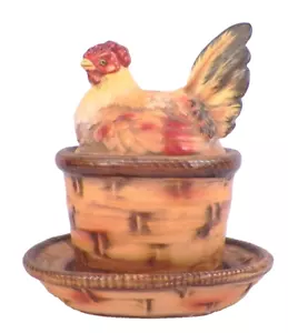Henne auf Nest Glas Gelee Sauce Gewürz Bunt Steingut Vintage 1021 - Bild 1 von 10
