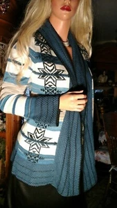 BCBGMaxazria Medium Knit Sweater Cardigan Jacket Blue / Tan Southwest Aztec  - Picture 1 of 5