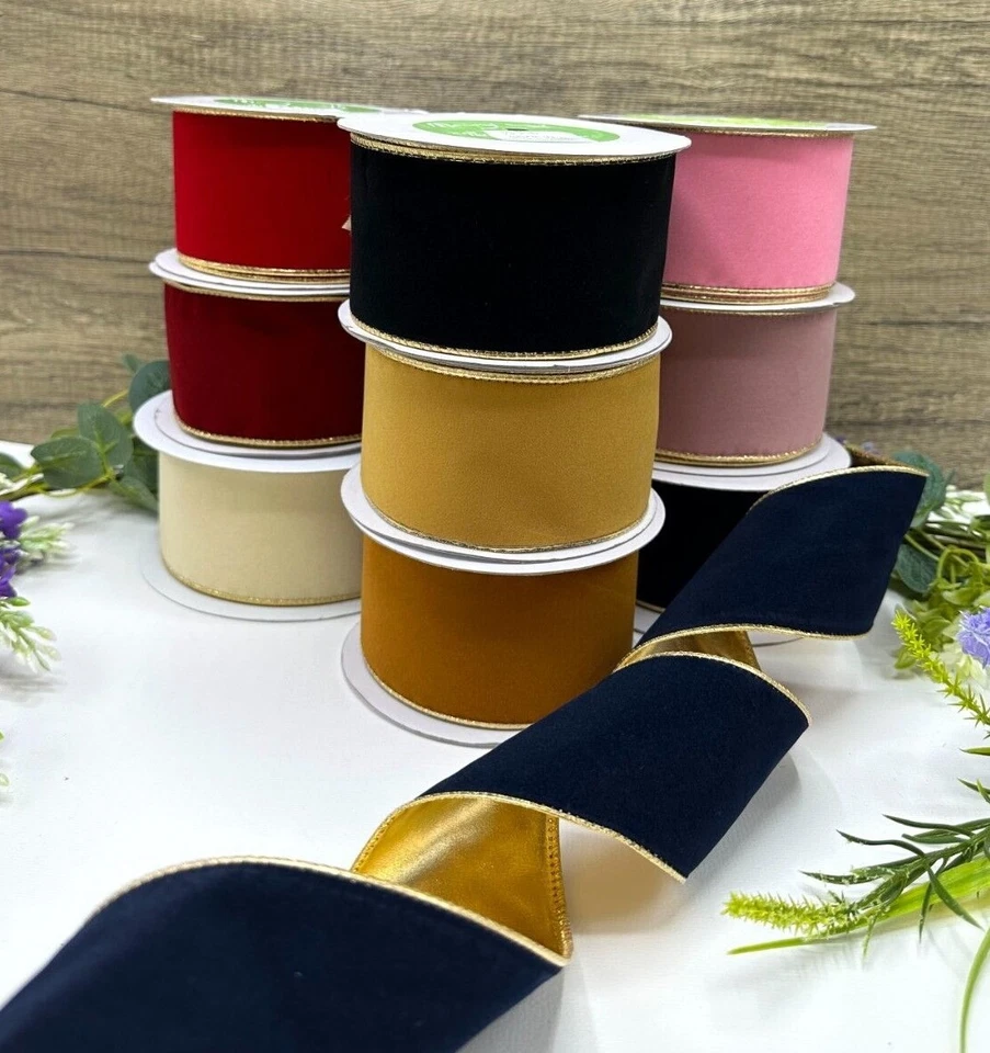 MAY ARTS wired velvet ribbon gold christmas bow door wreath red black navy 2.5" 1 metre
