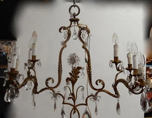 1950/70′ Lustre En Métal Doré 10 Ampoules Décor De Fleurs DLG Maison Baguès - Picture 1 of 10