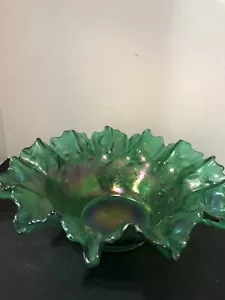 Vintage Fenton Ruffled Edge Bowl Art Carnival Glass Marigold Dark Emeral Green - Picture 1 of 10