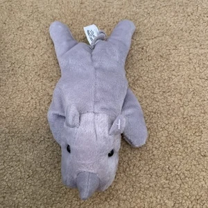 Vintage Plüsch Nashorn grau Nashorn Schleife sitzend Sitzsack Spielzeug 8,5 Zoll - Bild 1 von 8