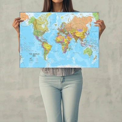 Large World Map Print Art Poster Backdrop Home Wall for School Education (A1 A2) - Image 1 of 4