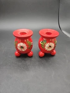 VTG. Wooden Hand Painted Red Candle Holders Sweden - Picture 1 of 8