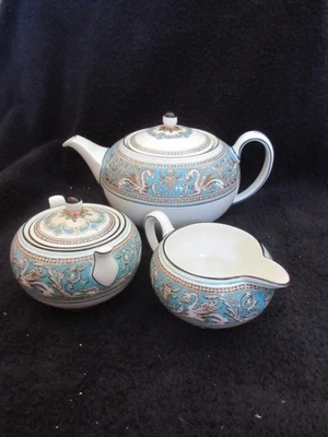 Wedgwood Turquoise Florentine 1 quart Teapot (W2714) and Creamer + Sugar  MINT - Image 1 of 4