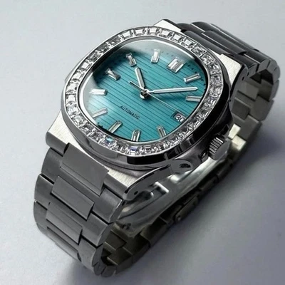 Mod Estilo NAUT Azul Aqua Pulido Plateado 40mm Personalizado | NH35 Automático Lujo Foto 1 de 4
