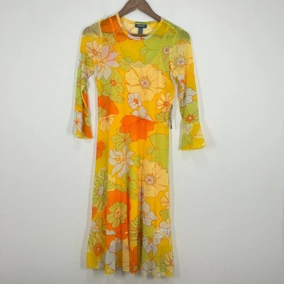 Vestido Midi Modcloth Retro Tropicana Isle Malla Amarillo Naranja Años 70 Para Mujer Pequeño Nuevo con Etiquetas Foto 1 de 4