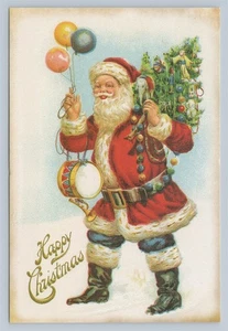 Frohe Weihnachten - Weihnachtsmann trägt Luftballons, Spielzeug und Baum - Reproduktion Postkarte - Bild 1 von 2