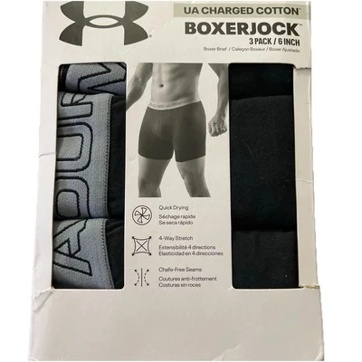 Under Armour 3 Pack Men's Boxerjock Briefs 6'' Charged Cotton Black 5XL 54.5-59 - Image 1 of 2