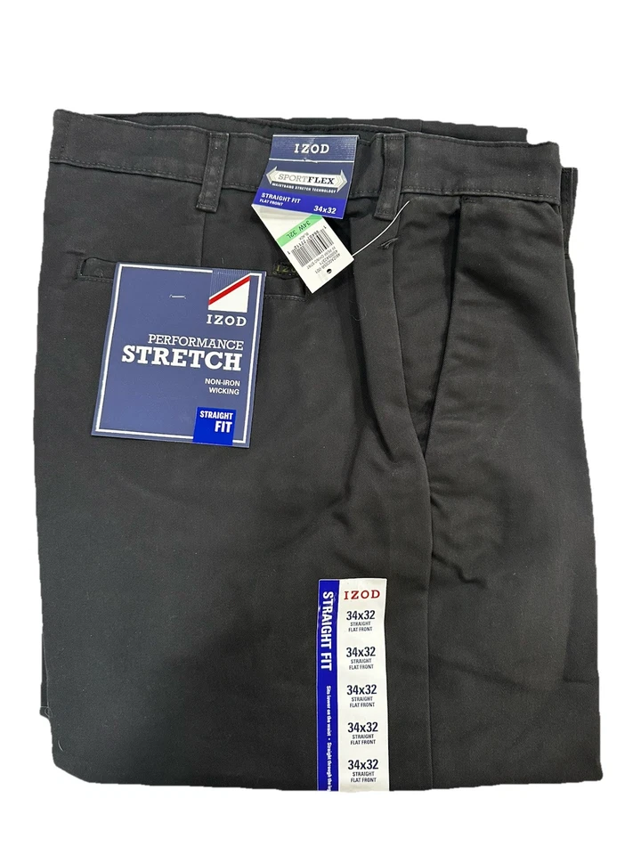 IZOD Men's Performance Stretch Straight Fit Flat Front Chino Pant, Black, 34x32 - Image 1 of 1