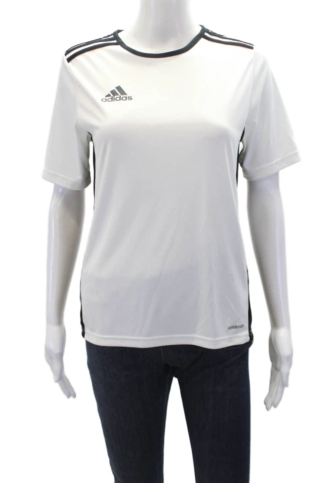 Adidas Boys Striped Shoulder Short Sleeve Athletic Shirt White Black Size L - Image 1 of 4