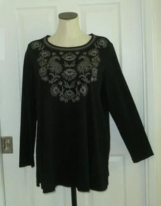 J JILL Black Cotton+Tencel Knit Gray Paisley Floral Embroidered Tunic XL 1X 48"B - Picture 1 of 15