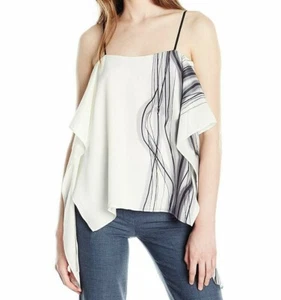 $245 NWT HALSTON HERITAGE SzXS PRINTED DRAPED ASYMMETRIC SPAGHETTI CAMI CHALK - Picture 1 of 4