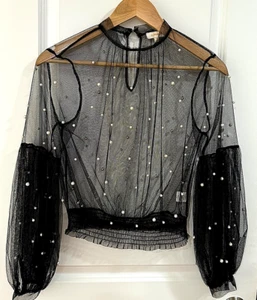 Transparente schwarze transparente Langarm-Bluse mit Netzperlenverzierung - Bild 1 von 6