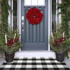 KIMODE Front Door Mat Buffalo Plaid Outdoor Rug 27.5"x43" Black and White - Picture 1 of 8