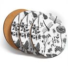 4 x Coasters  - BW - Botanical Garden Flower Drawings  #42621