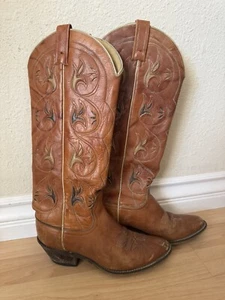 Vintage Acme 17-Inch Tall Inlay Flowers Western Cowboy Boots US Made Women’s 6.5 - Picture 1 of 20