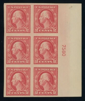 US Stamp #409 Washington 2c - Plate Block of 6 - MOGH - CV $35.00 - Image 1 of 2