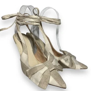 ASOS Women Linen High Heels Shoes Size US 6 UK 4 Lace Up Grayish Beige with Bow - Picture 1 of 11