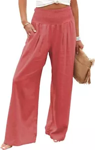 Women's Smocked High Waist Straight Leg Cotton Linen Palazzo Pants - Picture 1 of 34