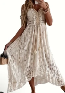 Women’s 14 XL Beige Boho Lace Fringe Dress Tassels V Neck Swing See Size Chart - Picture 1 of 4