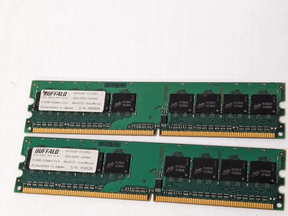 Lot of 2 Buffalo PC2-4200U-444-10-A1 512MB DDR2 RAM  - Image 1 of 3
