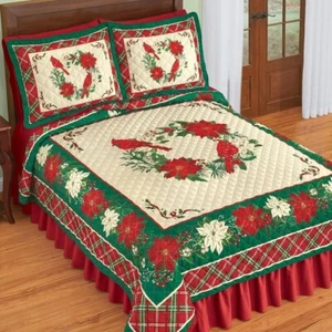 Festive Christmas Cardinal Poinsettia Wreath Holiday Twin Size Bedroom Quilt - Picture 1 of 1