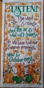 Cross Stitch "LISTEN! WALL HANGING" pattern ~ squirrels, pumpkins, Autumn, mouse - Picture 1 of 1