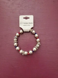 Golden Stella Silver Color Beaded Stretch Bracelet with Red/Blue Accent Beads - Picture 1 of 2