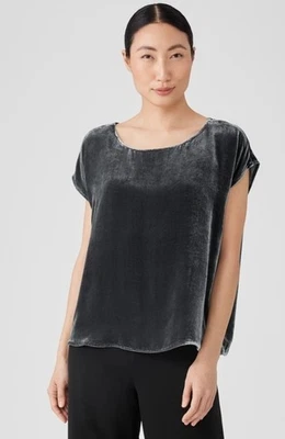 NWT Eileen Fisher Velvet Ballet Neck Top, Size Medium, Graphite, Retail $228 - Image 1 of 4