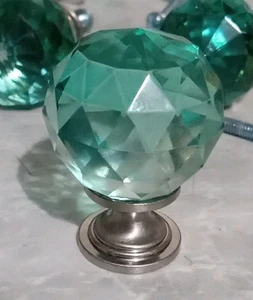20 - Faceted Glass 1 3/16" Round Cabinet Knob, Aqua with Brushed Nickel Base - Picture 1 of 7